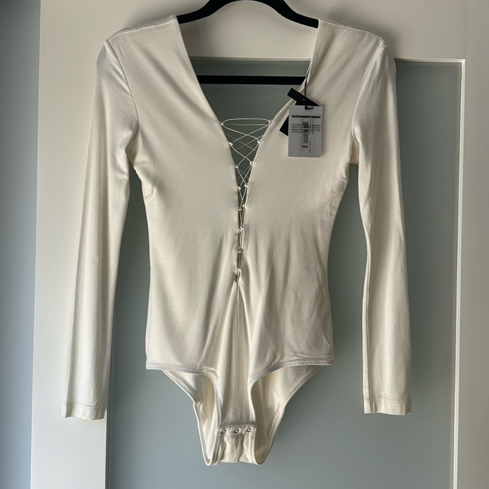 Alexander T Wang white plunging lace up front & back bodysuit - Picture 1 of 14